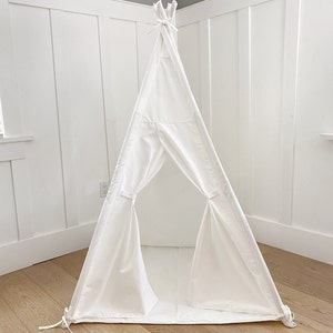 Children's Play Tent Teepee Handmade for Kids in White Canvas Two Windows Padded Mat Carry Bag 3 x 3 ft Size image 2