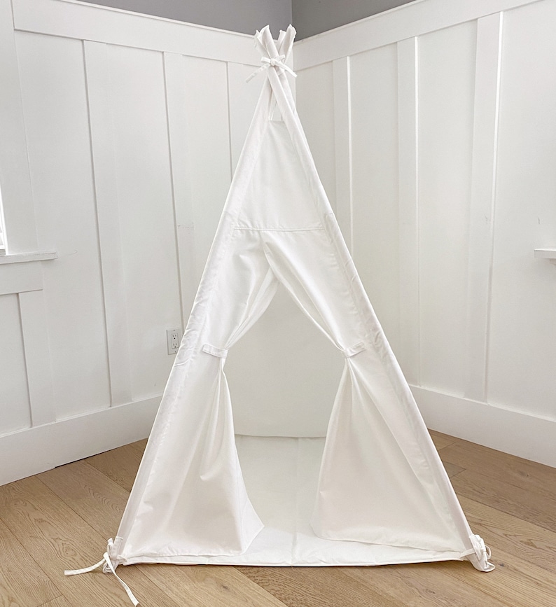 Children's Play Tent Teepee Handmade for Kids in White Canvas Two Windows Padded Mat Carry Bag 3 x 3 ft Size image 2