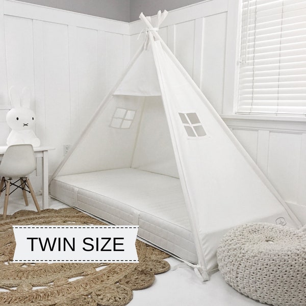 Play Tent Canopy Bed in White Canvas | Fits Twin Mattress | Montessori Floor Bed | Toddler Bed | Carry Bag