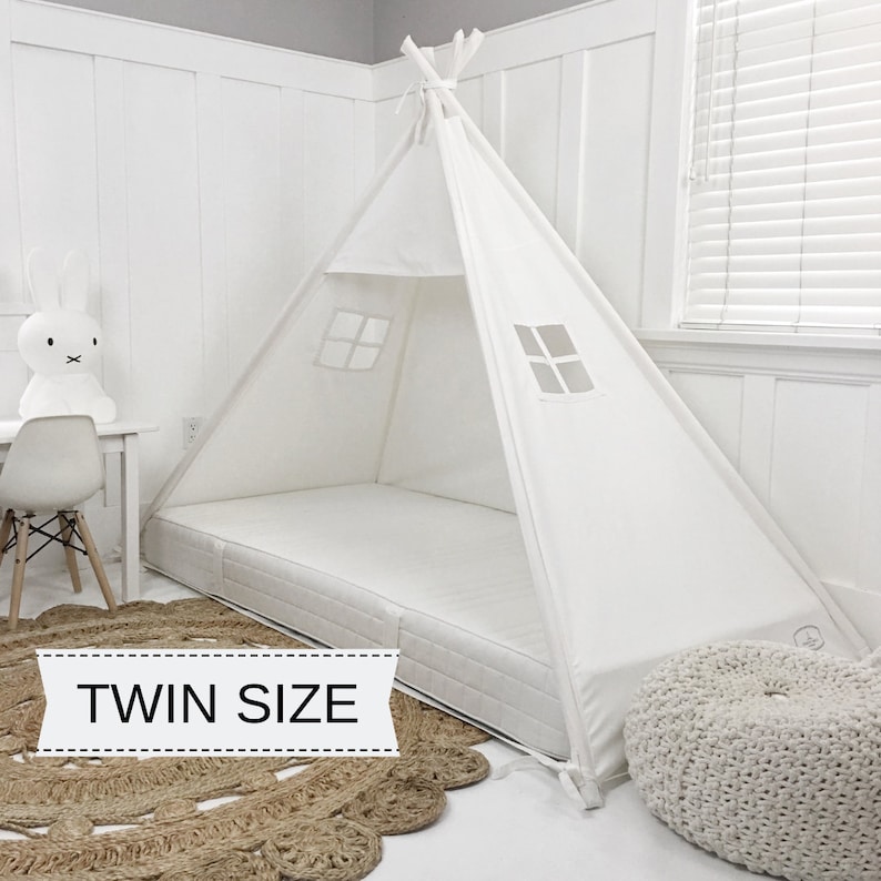 Play Tent Canopy Bed in White Canvas | Fits Twin Mattress | Montessori Floor Bed | Toddler Bed | Carry Bag 