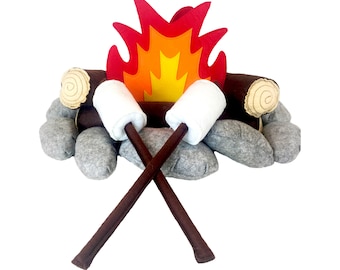 The 'Happy Camper' Felt/Plush Campfire Set for Kids. 17 piece Set with Storage Bag | Camper Theme | Indoor Camping |