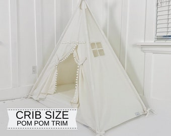 Play Tent Canopy Bed in White Canvas WITH Doors POM POM Trim  - Crib | Montessori Floor Bed |