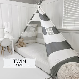 Play Tent Canopy Bed in Gray grey and White Wide Stripe Twin