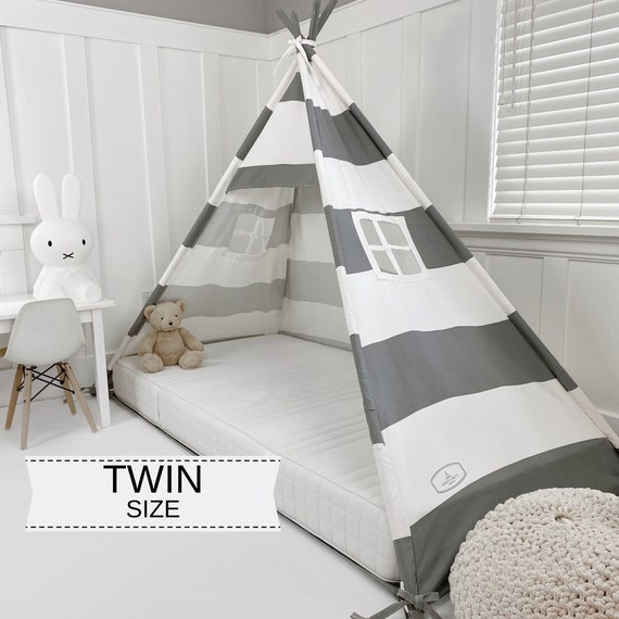 Play Tent Canopy Bed in Gray grey and White Wide Stripe Twin