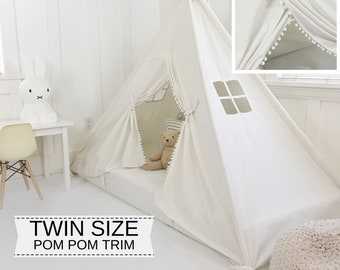 Play Tent Canopy Bed in White Canvas WITH Pom Pom Trim Doors - Twin | Montessori Floor Bed |