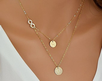 Delicate Layered Necklace, Gold Infinity Necklace, Personalized Disc Necklace, Women Necklace, Gift For Her