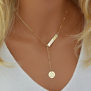 Engraved Monogram Necklace, Lariat Necklace Gold, Monogram Necklace Y, Personalized Necklace, Gold Lariat Necklace Bar