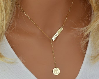 Engraved Monogram Necklace, Lariat Necklace Gold, Monogram Necklace Y, Personalized Necklace, Gold Lariat Necklace Bar