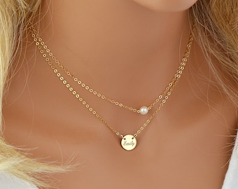 Tiny Freshwater Pearl Necklace, Delicate Layered Necklace, Personalized Disc, Single Pearl Necklace, Dainty Gold Chain