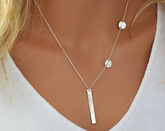 Custom Engraved Necklace, Personalized Necklace Silver, Engraved Disc Necklace, Personalized Initial Necklace, Vertical Bar Necklace