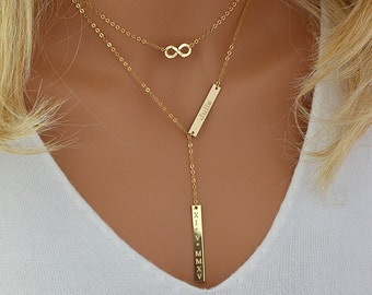 Gold Lariat Necklace, Name Necklace, Double Bar Necklace, Engraved Necklace Bar, Personalized Necklace Gold, Silver, Rose Gold