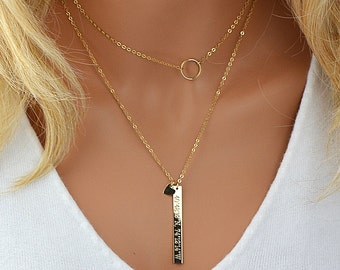 Layering Necklace Set, Gold Layered Necklace, Personalized layered Bar Necklace, Delicate Circle Necklace Layered, Gold or Silver Necklace