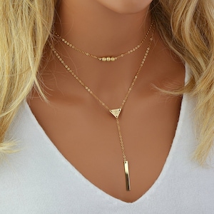 Gold Layered Necklace, Initial Triangle Necklace, Lariat Necklace Personalized, Choker Necklace Gold, 14k Gold Filled Necklace