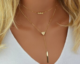 Gold Layered Necklace, Initial Triangle Necklace, Lariat Necklace Personalized, Choker Necklace Gold, 14k Gold Filled Necklace