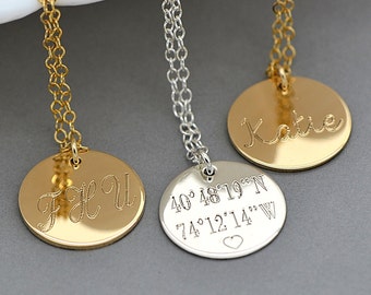 Personalized Disc Charm Necklace or Pendant Custom Engraved Initial or Name