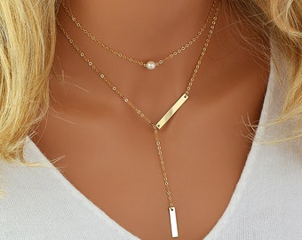 Choker Pearl Necklace, Gold Y Necklace, Layered Necklace Gold or Silver, Personalized Lariat Necklace, Delicate Y Necklace, Gift for Woman