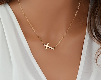 Cross Necklace Women, Gold Cross Necklace, Sideways Cross Necklace, Religious Necklace, Dainty gold Necklace, Minimal Necklace