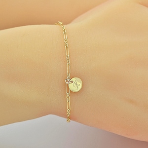 Dainty Chain Initial Bracelet, Dainty Gold Disc, Personalized Charm Bracelet, Gift For Her, Tiny Disc Bracelet, 14k Gold Filled