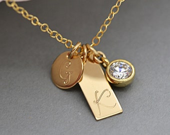 Personalized Tag Necklace / Dainty Cz  Diamond Necklace / Initial Disc / Gold Filled, Sterling Silver, Rose Gold