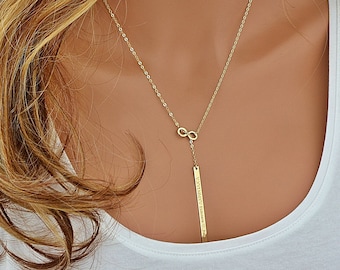 Gouden Y ketting, gepersonaliseerde Lariat ketting, Infinity ketting, Bar Drop ketting, gouden ketting, cadeau voor haar, gepersonaliseerde ketting goud