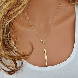Gold Y Necklace, Personalized Lariat Necklace, Infinity Necklace, Bar Drop Necklace, Gold Necklace, Gift For Her, Personalized Necklace Gold image 1