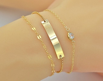 Delicate Layering Bracelet, Bar Bracelet, Personalized Gift, Dainty Cz Diamond, Gold Chain,Friendschip Bracelet