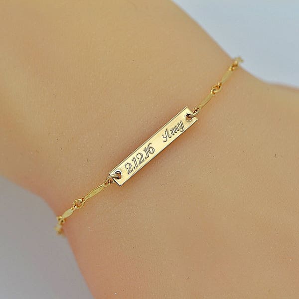 Dainty Bar Bracelet Personalized, Delicate Gold Bracelet, Small Skinny Bracelet, Gold Bar Bracelet, 14k Gold Filled Chain Bracelet