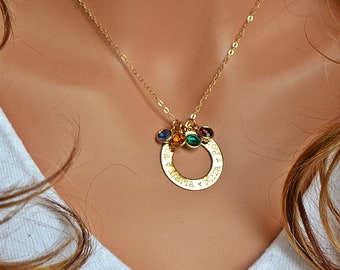 Kids Names Necklace With Birthstone, Large Disc Necklace, Disc Name Necklace, Birthstone Necklace For Mom, Mom Necklace Personalized