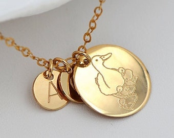 Mama Duck Necklace, Kids Initials Necklace, Mother Animal Necklace, Duckling Necklace, Gift For Mom