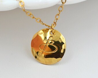 Hammered Gold Disc Necklace, Initial Necklace For Women, Gold Initial Pendant, Personalized Charm Necklace, Necklace For Women