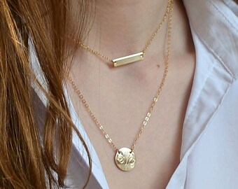 Layered Necklace Set, Gold Bar Necklace, Monogram Disc Necklace, Layered Necklaces For Women, Layered Necklace Gold, Silver, Rose Gold