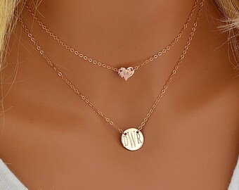 Dainty Layering Necklace Set, Delicate Disc Monogram Necklace, Tiny Heart Necklace Personalized, Rose Gold, Gold, Silver Necklace Layered