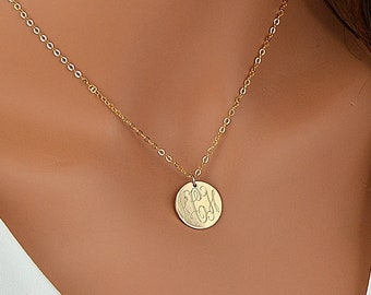 Gold Disc Necklace, Monogram Necklace Gold, Engraved Disc, Gift For Her, Personalized Disc Necklace, Gold Monogram