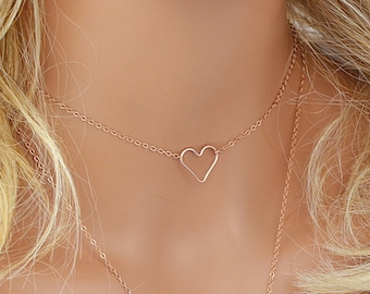 Gold Choker Halskette, Herz Choker Halskette, Zarte Herz Rose Gold, Silber Herz, Seitliche Herz Halskette