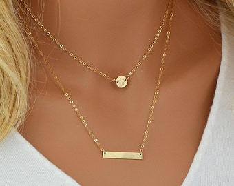 Layered Necklace Personalized, Initial Disc, Engraved Bar Necklace, Layering Necklace Set, Gold Filled Chain, Silver, Rose Gold