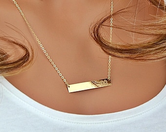 14k Gold Bar Necklace, gold Bar Necklace Personalize, Initial Bar Necklace, Horizontal Bar, Engraved, Customized