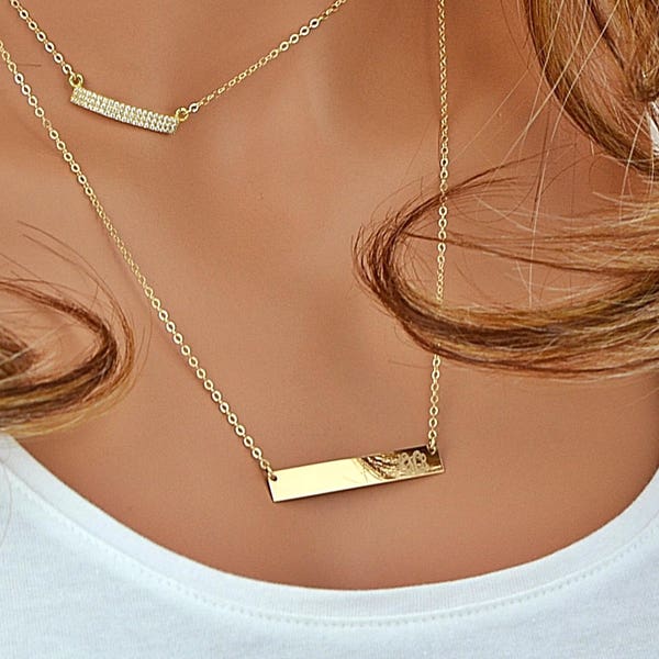 14k Gold Bar Necklace, gold Bar Necklace Personalize, Initial Bar Necklace, Horizontal Bar, Engraved, Customized