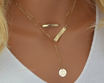 Layered Necklace, Monogram Gold Necklace Engraved, Personalized Necklace Y, Initial Necklace, Name Plate Necklace, Custom Engraved Bar