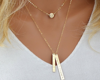 Layered Necklace Gold, Personalized Nameplate Layering Necklace, Tiny Disc Necklace, Layered Name Necklace, Vertical Bar Necklace Gold
