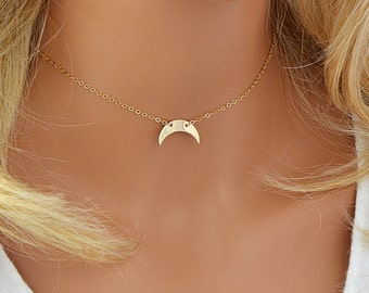 Half Moon Necklace, Choker Necklace Gold, Crescent Moon Necklace, Half Circle, Hammered Moon Necklace, Gold, Silver, Rose Gold