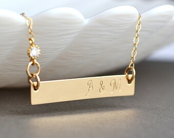 Personalized Gold Bar necklace, Initial Bar Necklace, Horizontal Bar Necklace, Gold Monogram Bar Necklace