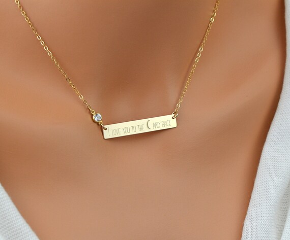 Gold bar necklace engraved with diamond deals