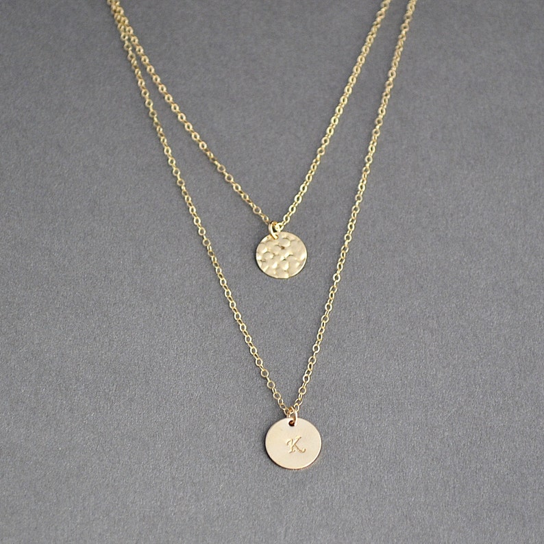 Double Strand Necklace Layered Necklace Gold Hammered Disc Etsy