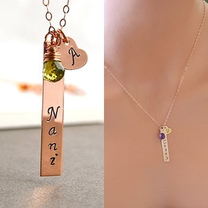 Rose Gold Vertical Bar Necklace, Two Initial Bar Necklace, Personalized Heart Necklace, Birthstone Necklace