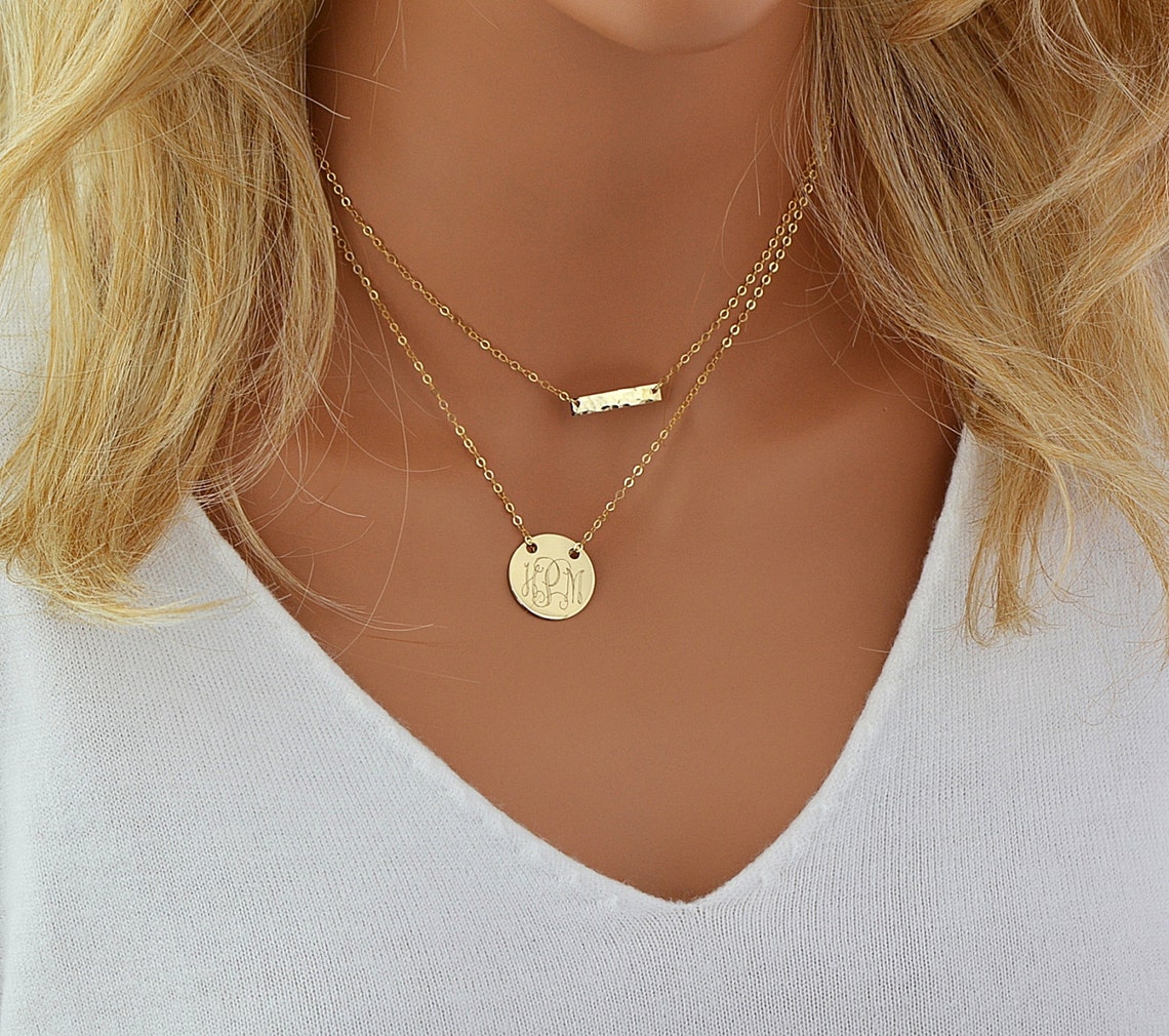 Gold Monogram Necklace Engraved Disc Necklace Personalized Etsy