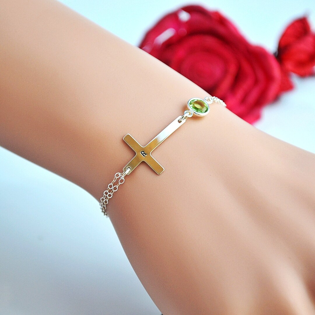 Sideways Cross Bracelet, Initial Cross Bracelet, Birthstone Bracelet