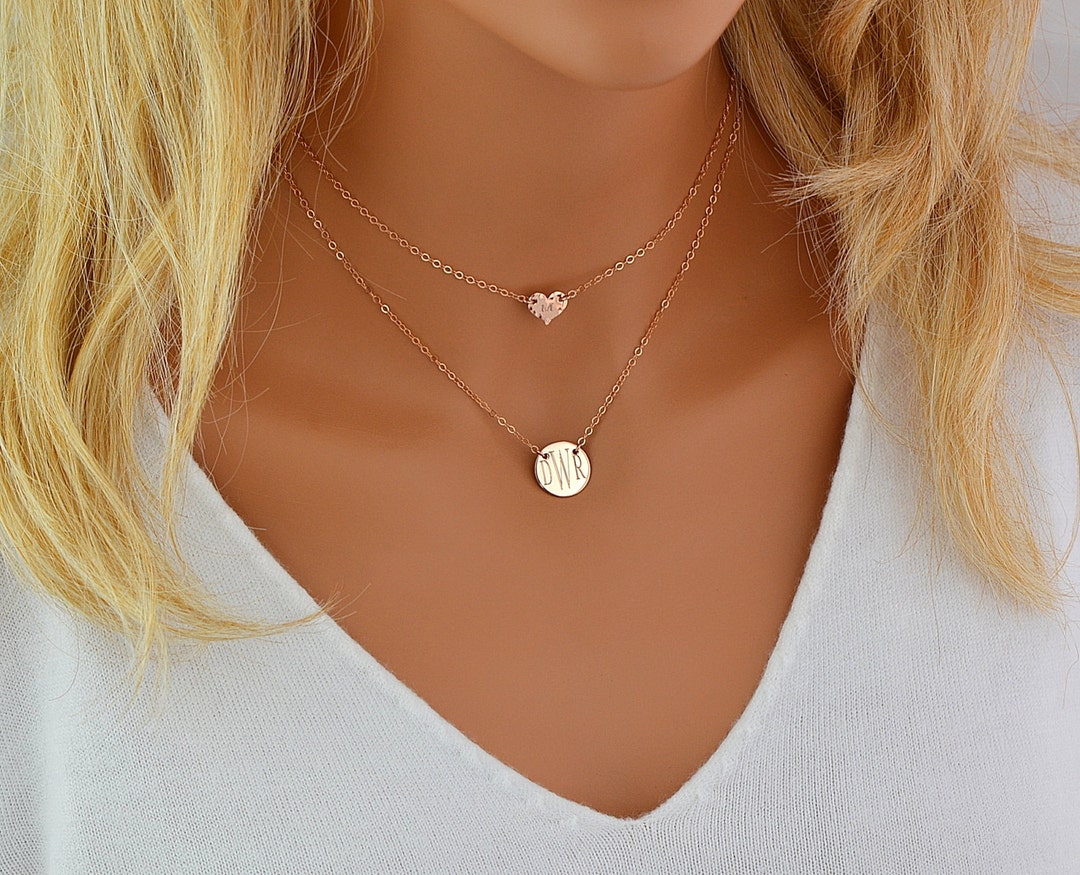 Dainty Layering Necklace Set, Delicate Disc Monogram Necklace, Tiny