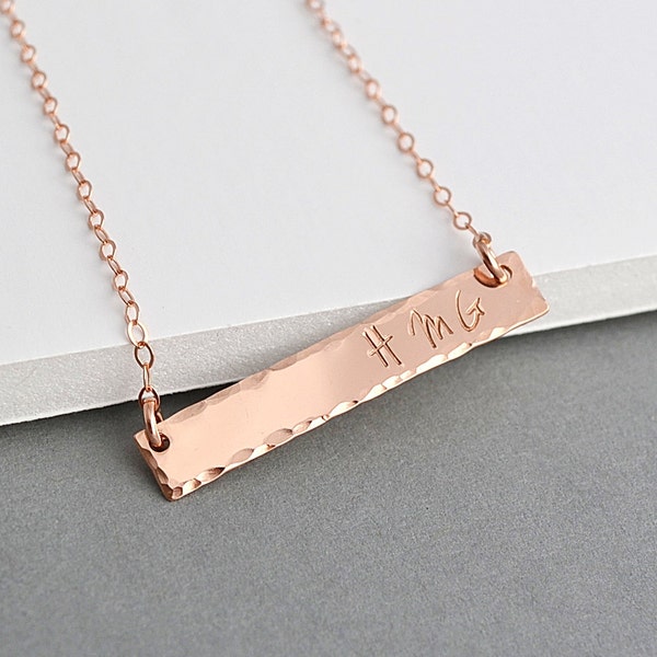 Rose Gold Bar Necklace Hammered, Name Necklace, Horizontal Gold or Silver Bar Necklace, Personalized, Bar Monogram, Engraved Bar