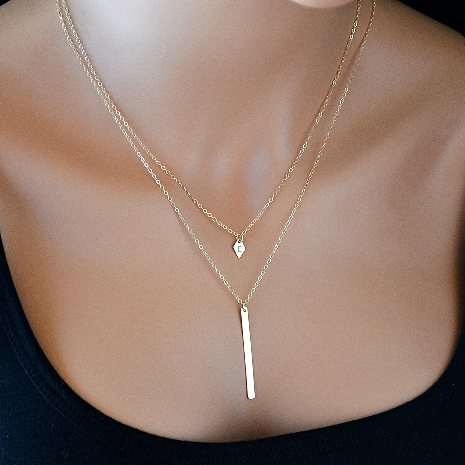 Layered Necklace Set, Layering Necklaces, Gold Name Necklace, Disc &  Vertical Bar Necklace 