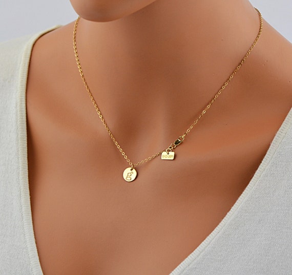 Delicate Gold Necklace Personalized Initial Disc Add Tag Etsy